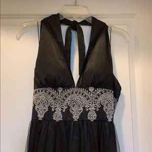 Black halter cocktail dress- beaded bodice-overlay